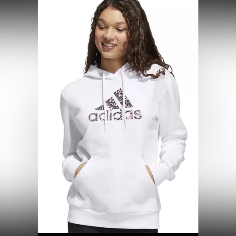 Adidas Hoodie White Pink Leopard Cheetah Print Logo Pullover Fleece Woman’s SZ.L